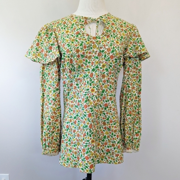 Vintage 70s Prairie Handmade Floral Flutter Sleeve Top Ditsy - Picture 3 of 15